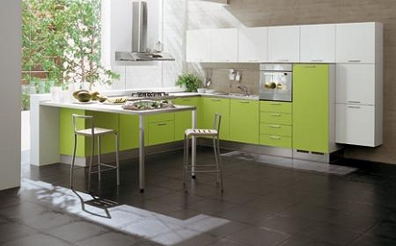 mueble de cocina moderno laqueado en color verde manzana y blanco